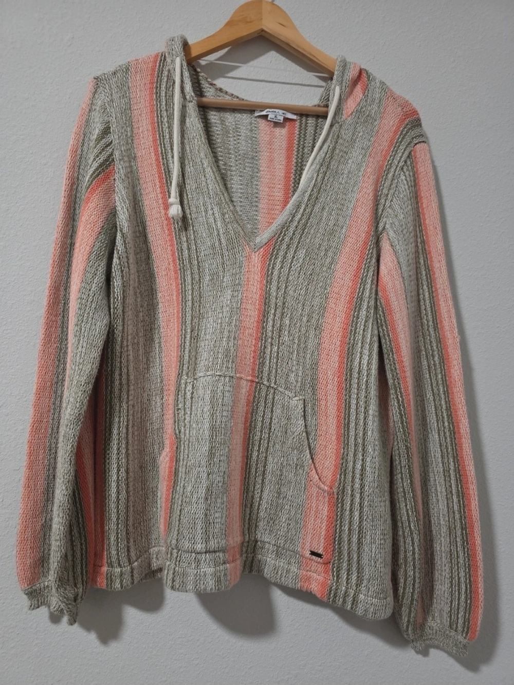 O'Neill Striped V-Neck Hoodie Sweater - Coral & Beige
